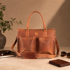 May include: A tan leather briefcase featuring two large front pockets, two top handles, and a detachable shoulder strap with a padded shoulder rest. The bag has a rectangular structure with visible stitching and a small circular logo embossed on the front.