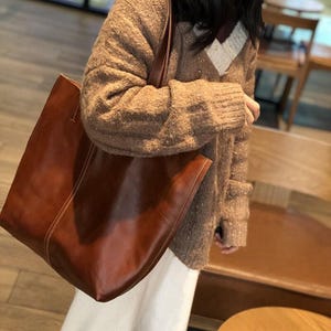 Brown leather tote bag for woman large work purse shopper bag handmade office gift for mother girlfriend anniversary Valentine Gift for her