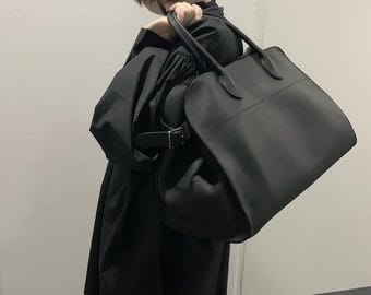 Black Margaux Grain Leather Tote Bag 12 15 17 Inches Womens Frosted Shoulder Top Handle Purse, Structured Minimalist Work Handbag, Chic Gift