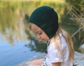 Knit baby bonnet in Emerald | handmade in Eyelet Stitch | sizes newborn to 5 years