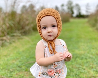 Knit baby bonnet in Golden Brown | Eyelet or Garter | sizes newborn to 5 years