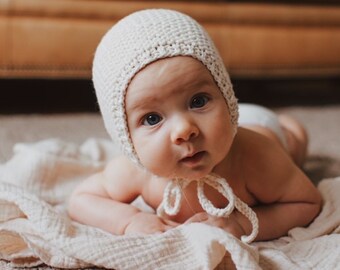 Knit baby bonnet in Cream | Eyelet stitch or Garter stitch | sizes newborn to 5 years