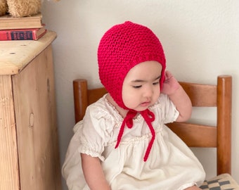 Knit baby bonnet in Bright Red | handmade in Eyelet Stitch | sizes newborn to 5 years