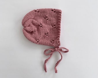 Knit baby bonnet in mauve | Eyelet or Garter | sizes newborn to 5 years