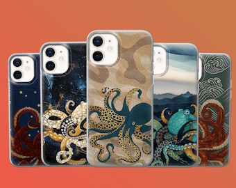 Funda de teléfono con diseño de pulpo y kraken oceánico para iPhone 17, 16E, 16Pro, 15, 14, 13, 12, Samsung S25, S24Fe, A56, A16, Pixel 10, 9A, 9Pro XL, 8A, 8Pro, 7A y 6
