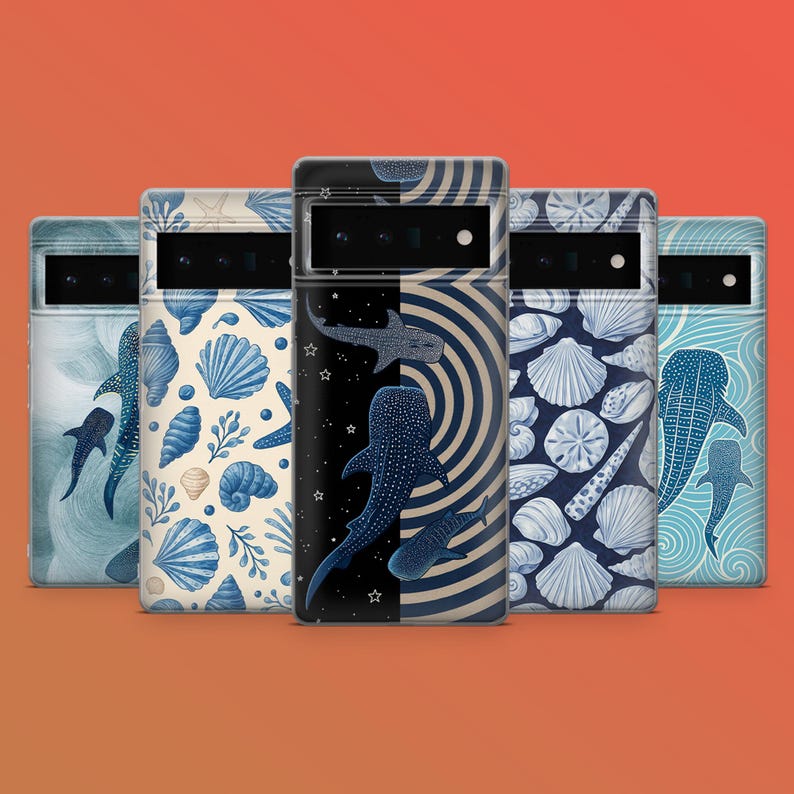 May include: A collection of five phone cases with unique designs. The cases feature illustrations of seashells, whale sharks, and abstract patterns in shades of blue and white. The cases are displayed against an orange background.