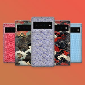 May include: Five phone cases with Japanese-inspired designs. The cases feature patterns of red waves, black and gold clouds, purple and white fan shapes, red and black clouds, and light blue waves. The cases are arranged against an orange background.
