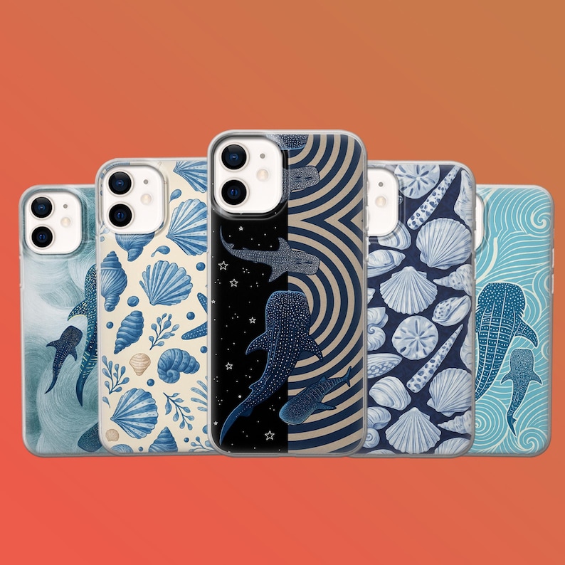 May include: A collection of five phone cases with various designs. The cases feature illustrations of seashells, whale sharks, and wave patterns in shades of blue and white. The cases are displayed against an orange background.