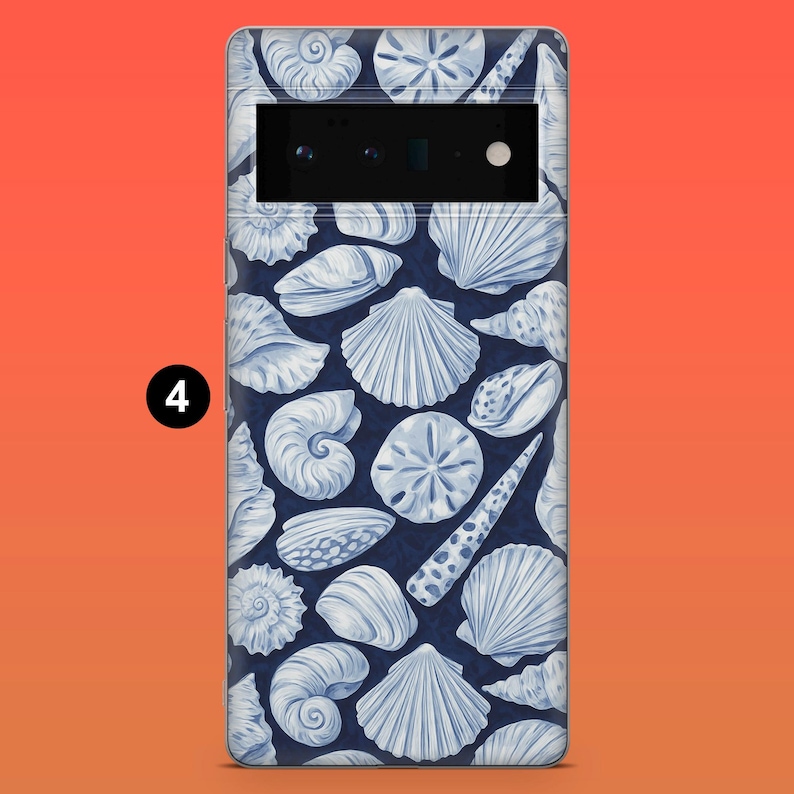 May include: A phone case featuring a pattern of white seashells on a dark blue background. The design includes various shell types, such as scallops, conchs, and sand dollars. The case has a camera cutout and a number 4 in a white circle.