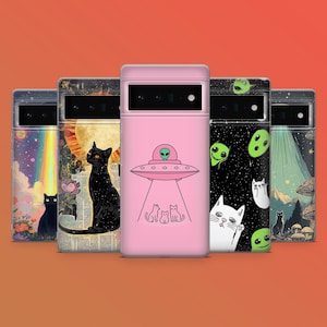 UFO Alien Cat Phone Case Space Black Cat Cover for Pixel 9A, 9Pro XL, 8A, 8Pro, 7A, 6A Samsung S25, S24Fe, A56, A16 iPhone 16E, 16Pro, 15,14