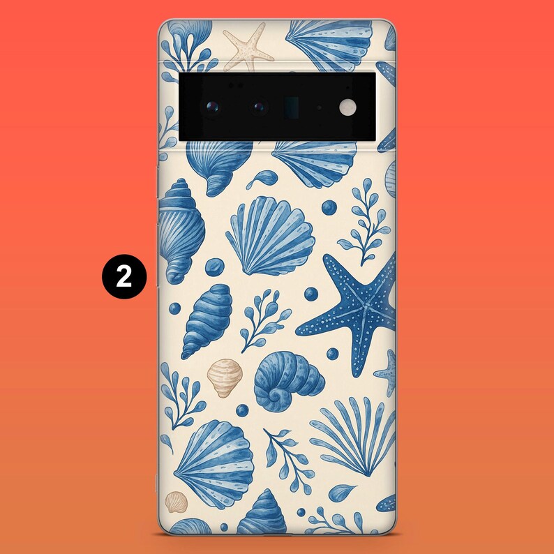 May include: A phone case featuring a cream-colored background with a pattern of blue seashells, starfish, and seaweed. The design includes various shell shapes and sizes, creating a coastal theme. The case has a camera cutout.
