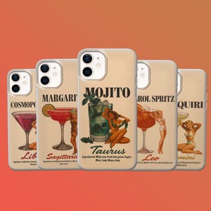 May include: A collection of phone cases featuring vintage-style cocktail illustrations. Each case displays a different cocktail, including a Cosmopolitan, Margarita, Mojito, Aperol Spritz, and Daiquiri, with zodiac signs and ingredients listed.
