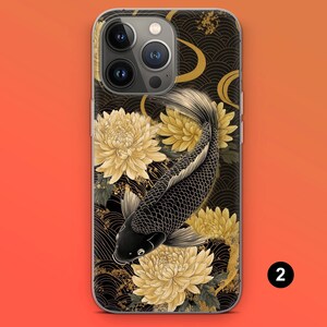 May include: A phone case featuring a black koi fish design with gold accents and yellow chrysanthemum flowers. The background is black with gold wave patterns. The case has a clear border and a camera cutout.