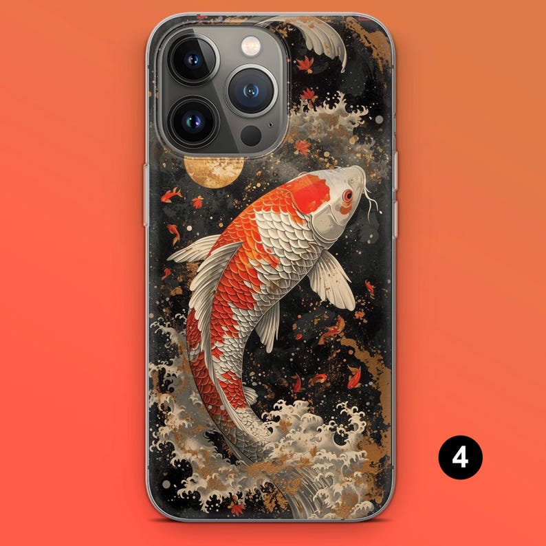 May include: A phone case featuring a Japanese koi fish design. The artwork depicts a red and white koi swimming in a sea of waves, with a full moon in the background. The case has a clear border and a black background.