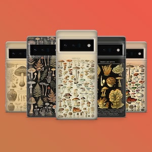 May include: Five phone cases with botanical mushroom illustrations. The cases feature a variety of designs, including detailed drawings of different mushroom species, ferns, and the text "Endure and survive". The cases have a cream-coloured frame and a black camera bar.