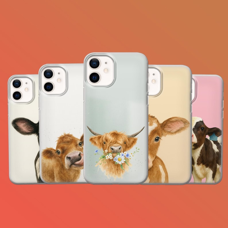 May include: A collection of phone cases featuring watercolor illustrations of cows. The cases showcase different cow breeds, including a Highland cow with flowers, and a black and white cow. The cases have a clear border and a solid color background.