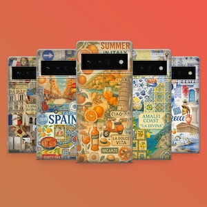Peut inclure: Plusieurs coques de téléphone avec des motifs de voyage. Chaque coque présente une destination différente, comme Paris, l'Espagne et l'Italie, avec des illustrations de monuments, de nourriture et du texte. Les coques ont une esthétique vibrante et colorée.