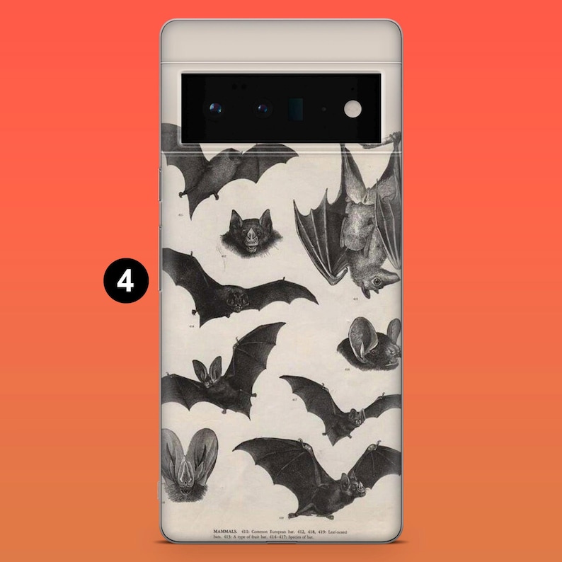 May include: A phone case featuring a vintage illustration of various bat species in black and white. The design includes detailed drawings of bats in flight and at rest, set against a cream-colored background.