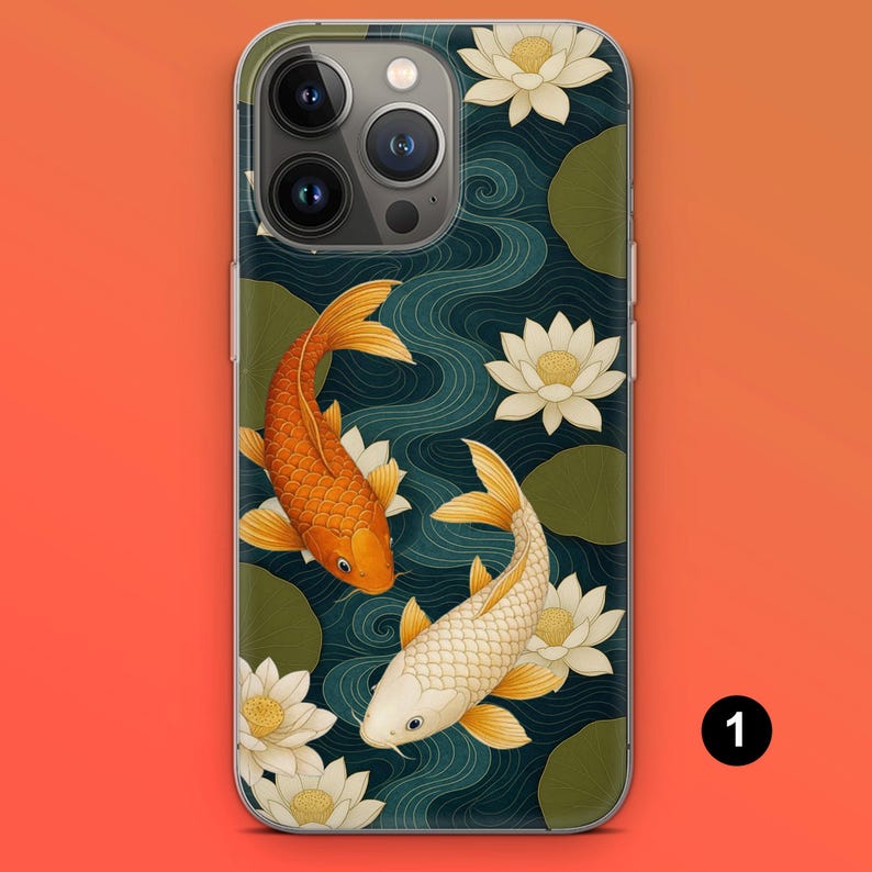 May include: A phone case featuring a koi pond design. The case displays two koi fish, one orange and one white, swimming among water lilies and green lily pads. The background is a dark teal with flowing water patterns.