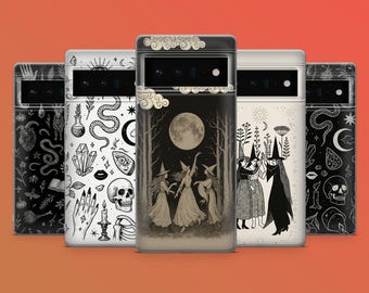 May include: A collection of phone cases with various black and white illustrations. Designs include a full moon with witches, a skull, snakes, crystals, and other mystical symbols. The cases have a black border and a camera cutout.