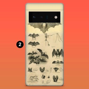 May include: A phone case featuring a vintage illustration of bats in various poses and anatomical diagrams. The design is printed on a cream-colored background with a detailed, scientific aesthetic. The case has a black camera module.