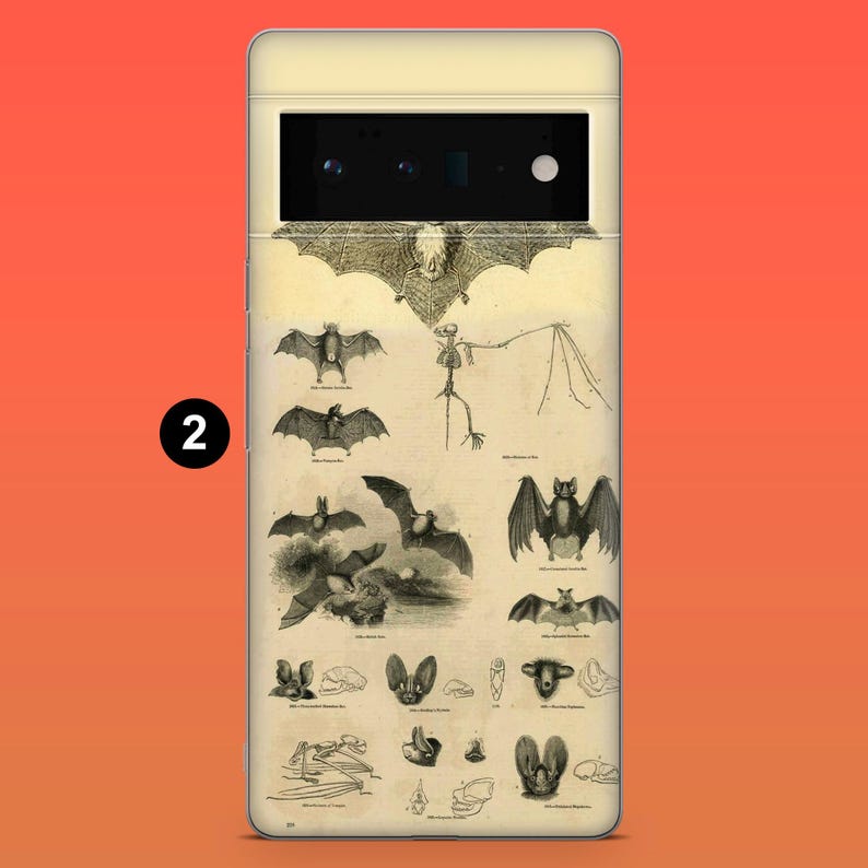 May include: A phone case featuring a vintage illustration of bats in various poses and anatomical diagrams. The design is printed on a cream-colored background with a detailed, scientific aesthetic. The case has a black camera module.