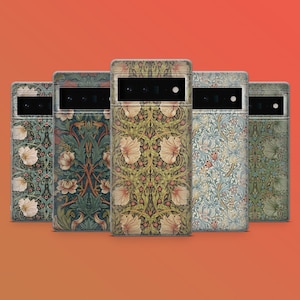 May include: Five phone cases with floral patterns in various colors, including green, beige, and blue. The cases have a rectangular shape with a camera cutout at the top. The background is a solid orange color.