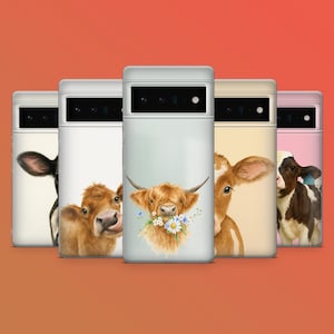 May include: A collection of phone cases featuring watercolor illustrations of cows. Each case showcases a different cow, with varying colors and patterns, set against a gradient background. The cases are in a row, with the cow designs visible.