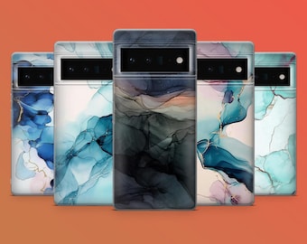 May include: Five phone cases with abstract designs. The cases feature a variety of colors, including blue, teal, gold, and black, with a marbled or watercolor effect. The cases are arranged in a row against an orange background.