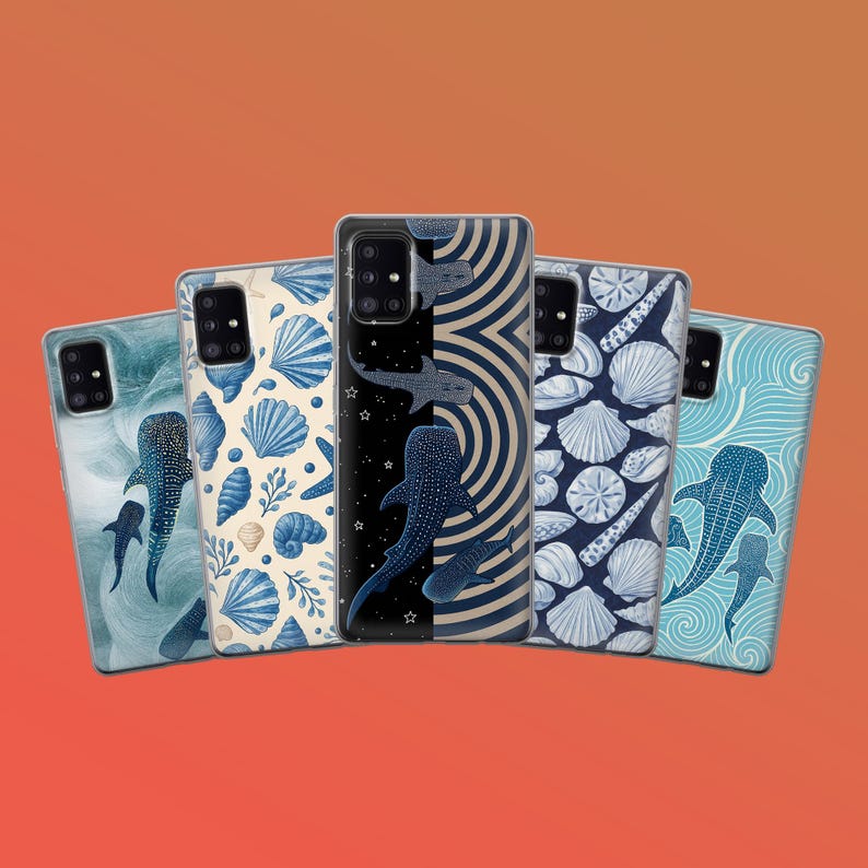 May include: A collection of phone cases with various ocean-themed designs. The cases feature illustrations of whale sharks, seashells, and wave patterns in shades of blue and white against a red-orange background.