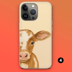 May include: A phone case featuring a watercolor illustration of a brown and white cow's face. The case has a light beige background and a clear border. The cow's face is centered, with its eye and ear visible.