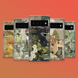 May include: A collection of five phone cases with a collage design. Each case features a unique arrangement of botanical illustrations, butterflies, mushrooms, and text. The color palette includes greens, browns, and creams, with a vintage aesthetic.
