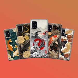 May include: A collection of phone cases with Japanese-inspired designs. Each case features a unique illustration of koi fish, flowers, and traditional landscape elements in vibrant colors. The cases are displayed against an orange background.