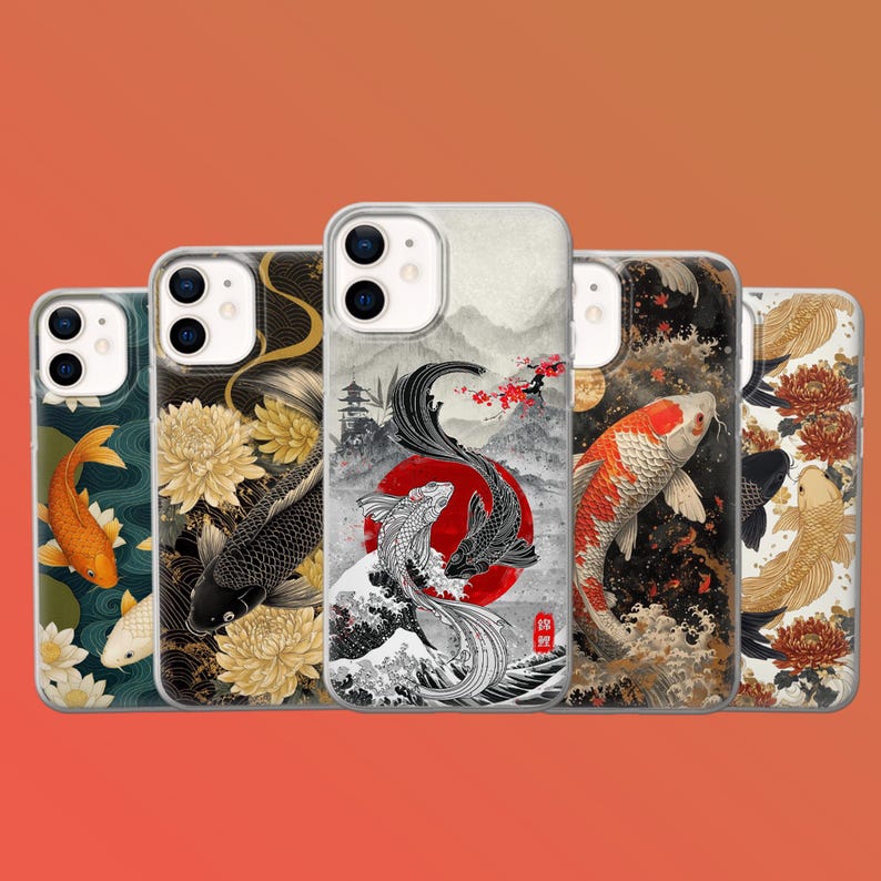 May include: A collection of phone cases featuring Japanese-inspired designs. The cases showcase koi fish, chrysanthemums, and traditional landscape art. Colors include orange, black, white, and gold. Each case has a unique design with a glossy finish.