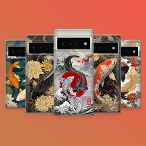 May include: A collection of phone cases with Japanese-inspired designs. Each case features a different koi fish illustration in various colors, set against backgrounds of waves, flowers, and landscapes. The cases are displayed against an orange background.
