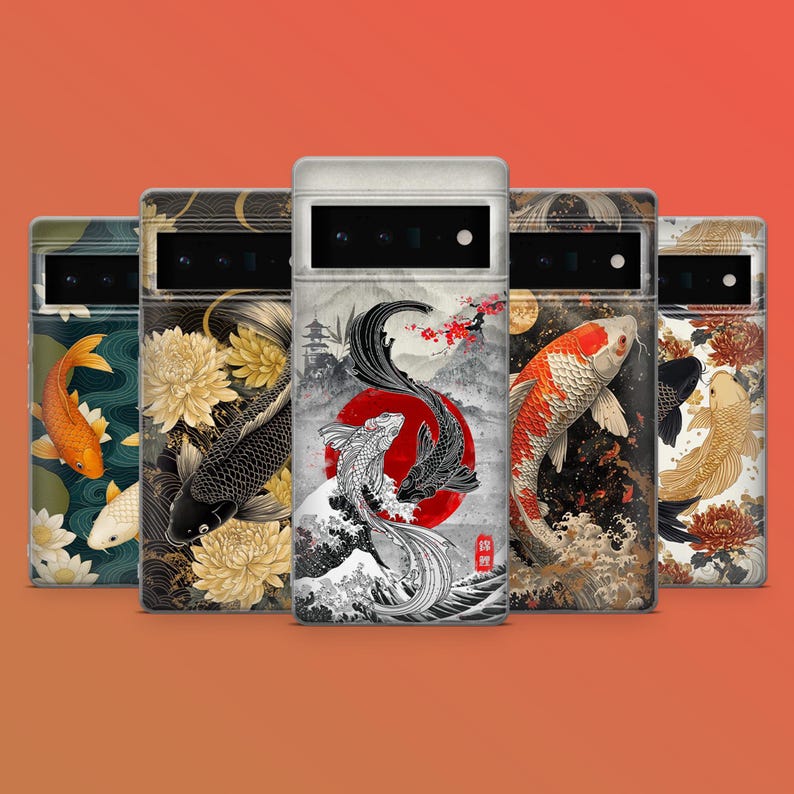 May include: A collection of phone cases with Japanese-inspired designs. Each case features a different koi fish illustration in various colors, set against backgrounds of waves, flowers, and landscapes. The cases are displayed against an orange background.