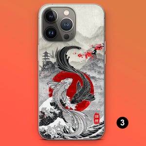 May include: A phone case featuring a Japanese-inspired design. The case showcases two koi fish, one black and one white, against a red sun and a backdrop of mountains and cherry blossoms. The design includes a pagoda and a wave.