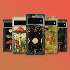 May include: A collection of five phone cases with whimsical designs. The cases feature illustrations of mushrooms, moons, and ferns in various color palettes. One case has the text "you drew stars around my scars".