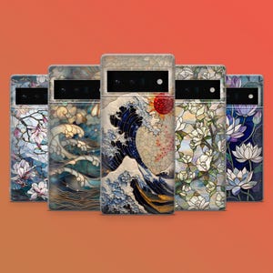 May include: A collection of five phone cases with unique stained-glass designs. The cases feature floral and wave patterns in various colors, including blue, white, and red. The designs are artistic and detailed, offering a decorative aesthetic.