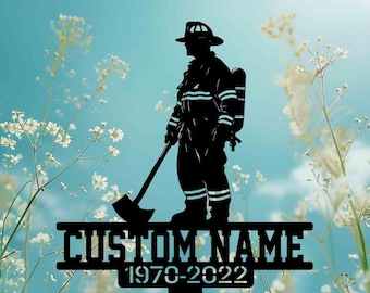 Personalized Firefighter Metal Stake, Firefighter with Fire Axe Standing Memorial Stake, Firefighter Memorial Plaque with Stake.