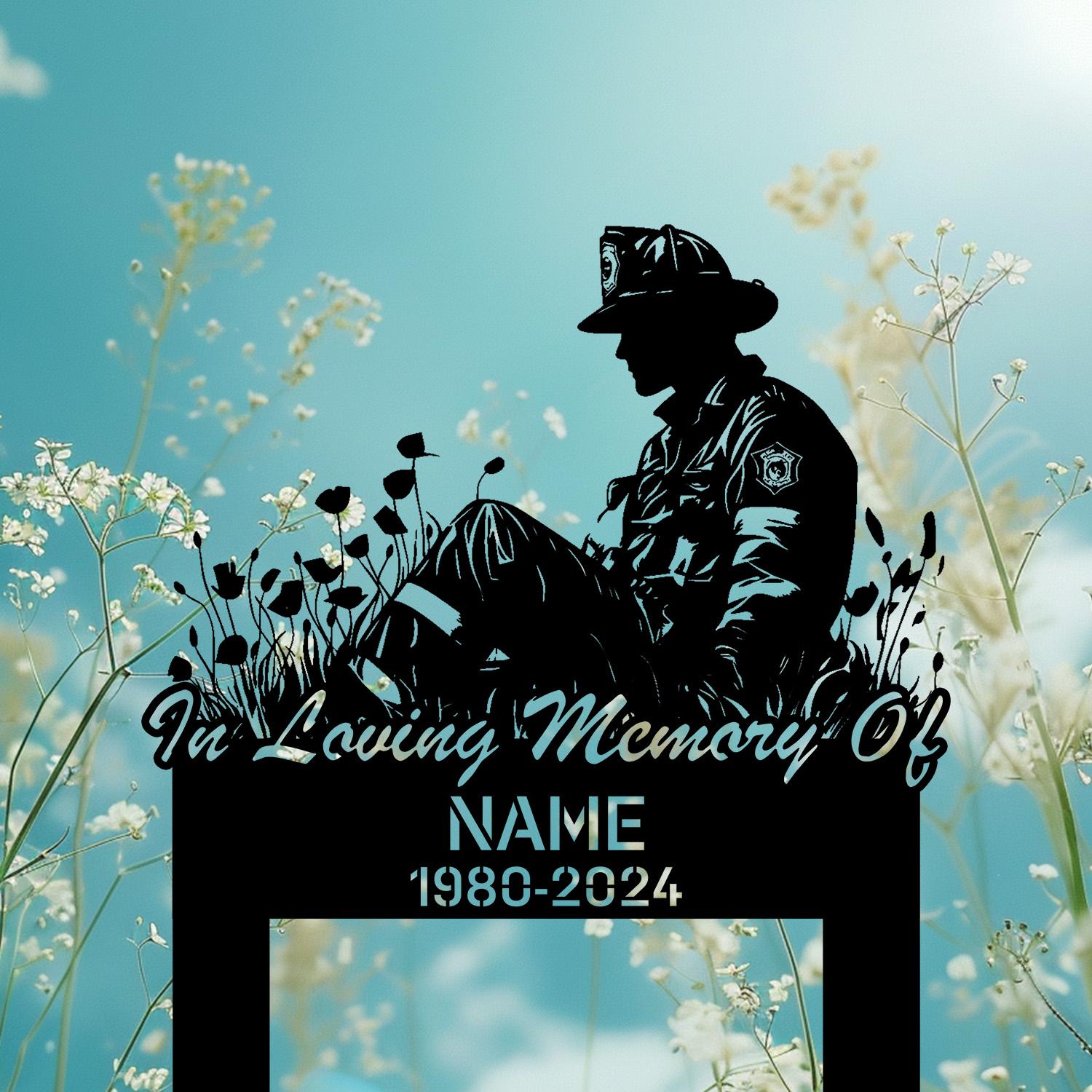 Personalized Firefighter Metal Stake, Fireman with Poppy Flowers Memorial Stake, Firefighter Memorial Plaque with Stake, Grave Marker