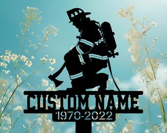Personalized Firefighter Metal Stake, Firefighter with Fire Axe Kneeling Memorial Stake, Firefighter Memorial Plaque, Fireman Grave Marker.
