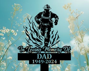 Personalized Firefighter Metal Stake, Fireman Running Through Fire Memorial Stake, Firefighter Memorial Plaque with Stake, Grave Marker