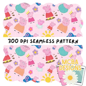 Peut inclure: Un motif rose sans couture avec des cochons de dessin animé en différentes tenues, des fleurs, des soleils et des éclaboussures. Le texte "300 DPI SEAMLESS PATTERN" est affiché. Le motif comprend un fond quadrillé, adapté aux produits pour enfants.