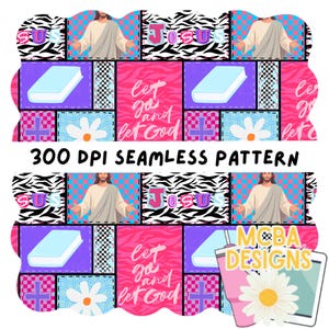 May include: A colorful seamless pattern design featuring religious imagery. The design includes images of Jesus, books, crosses, daisies, and the text "Jesus" and "Let go and let God". The pattern is framed with a zebra print.