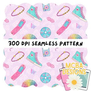 May include: A seamless pattern featuring a repeating design of pink flip phones, teal high-top sneakers, bracelets with "LOVE" spelled out, butterflies, CDs, and a rainbow slinky toy on a light pink background. The text "300 DPI SEAMLESS PATTERN" is also present.