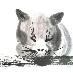 May include: A black and white ink wash painting of a cat's face, with closed eyes and whiskers. The cat is resting on a dark, textured surface. The artwork is minimalist and evokes a sense of calm.