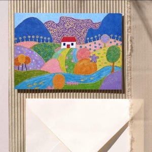 Carte postale de campagne fantaisiste 4 x 6, impression d'art paysage texturé, papeterie Cottagecore vibrante - oeuvres d'art Jikka