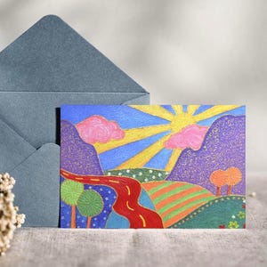 4 x 6 cartes postales Sunburst Road • Mini oeuvres d'art de paysages colorés • Papeterie de voyage fantaisiste - Créations Jikka
