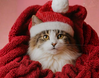 May include: A fluffy cat with brown and white fur wearing a red and white Santa hat with a white pom-pom. The cat is nestled in a red knitted blanket against a pink background. The cat has yellow eyes and a focused expression.